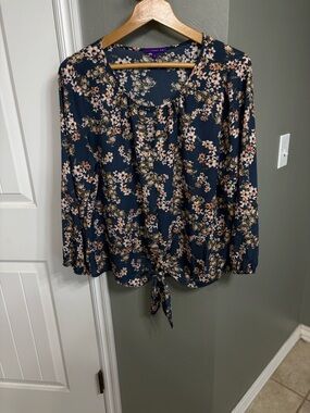 West Kei Navy Floral Tie-Front Blouse